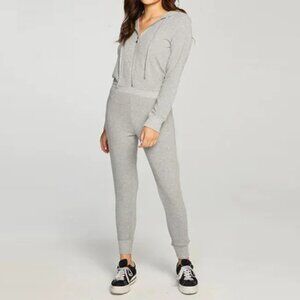 CHASER Bliss Knit Long Sleeve Jumpsuit Hooded Zip Up Jogger Grey Women's Medium